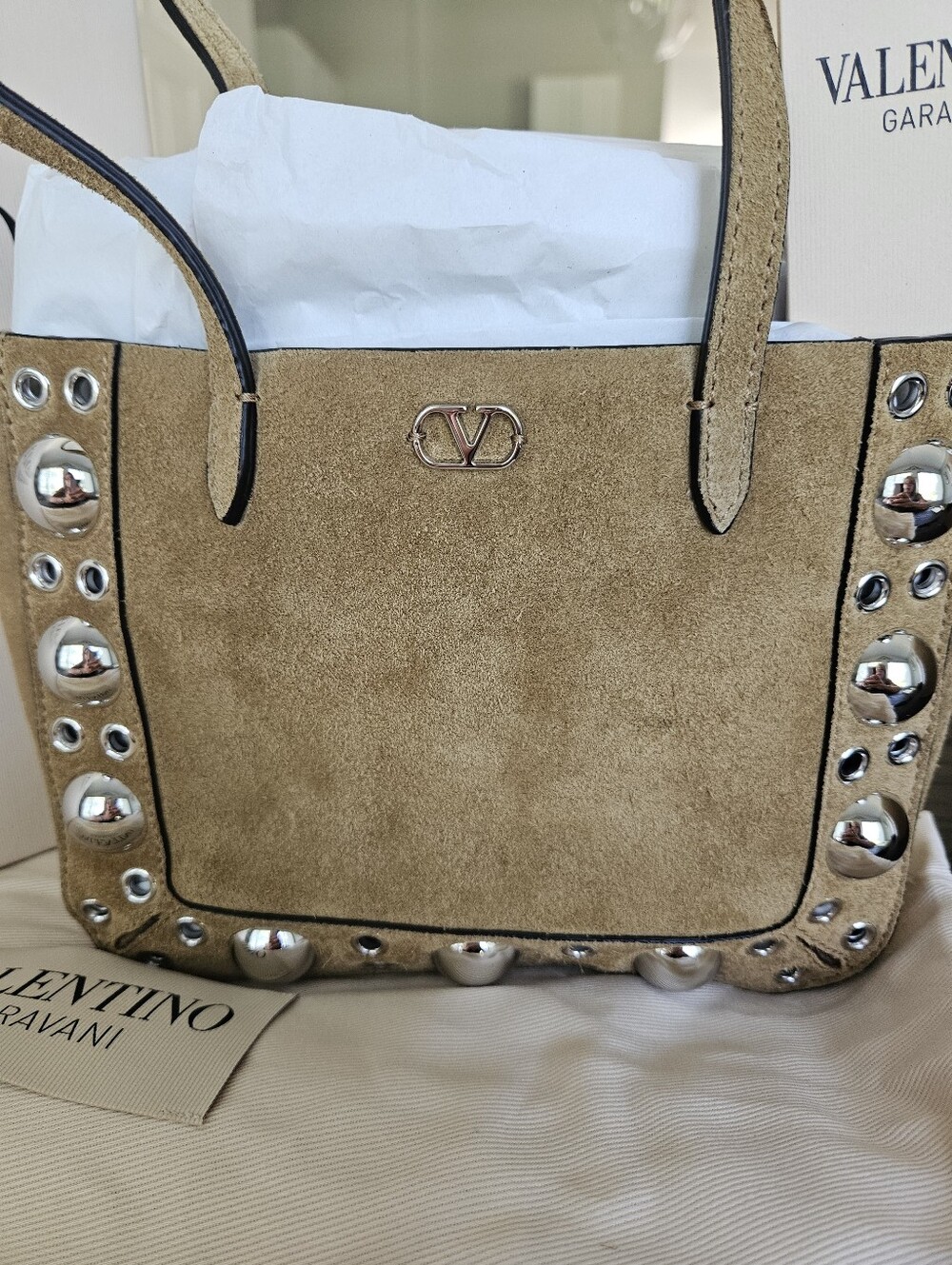 NWT Valentino Garavani Nellcote Tan Suede Studded Mini Tote - Picture 2 of 6